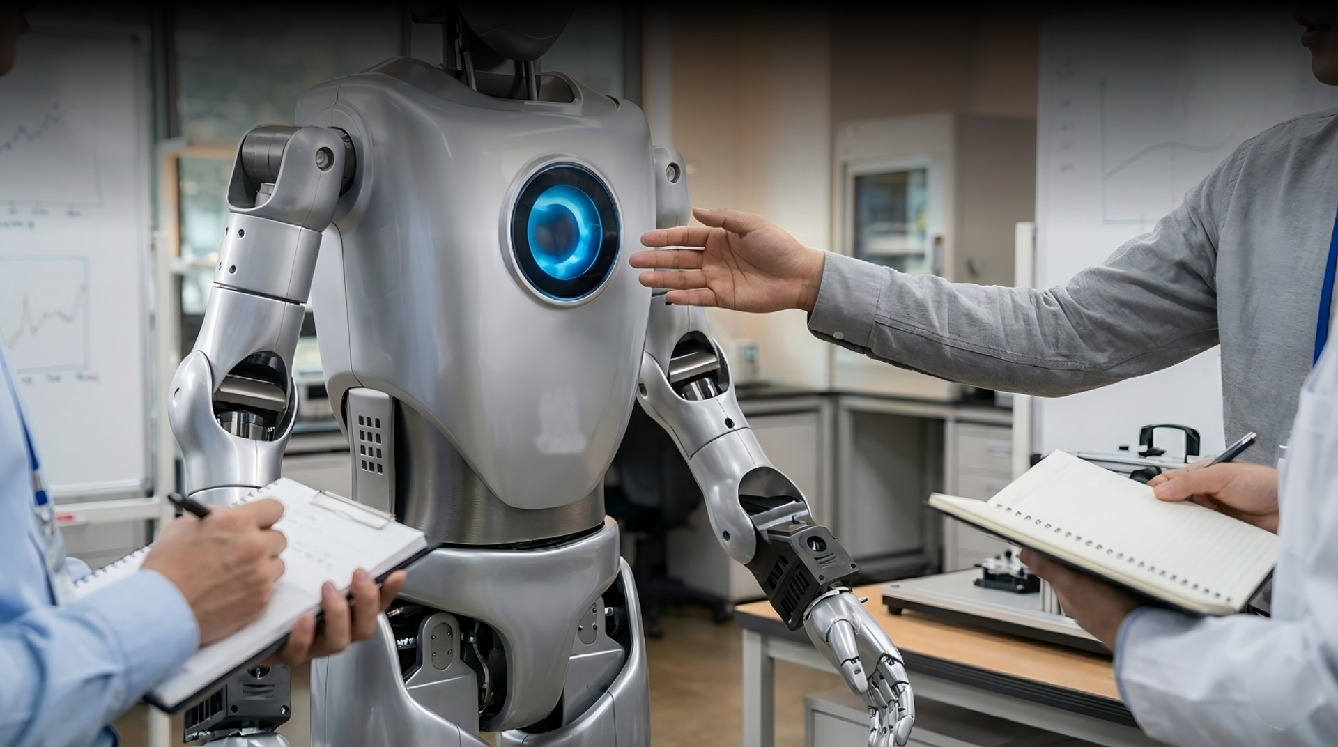 Humanoid robot in laboratory with researchers